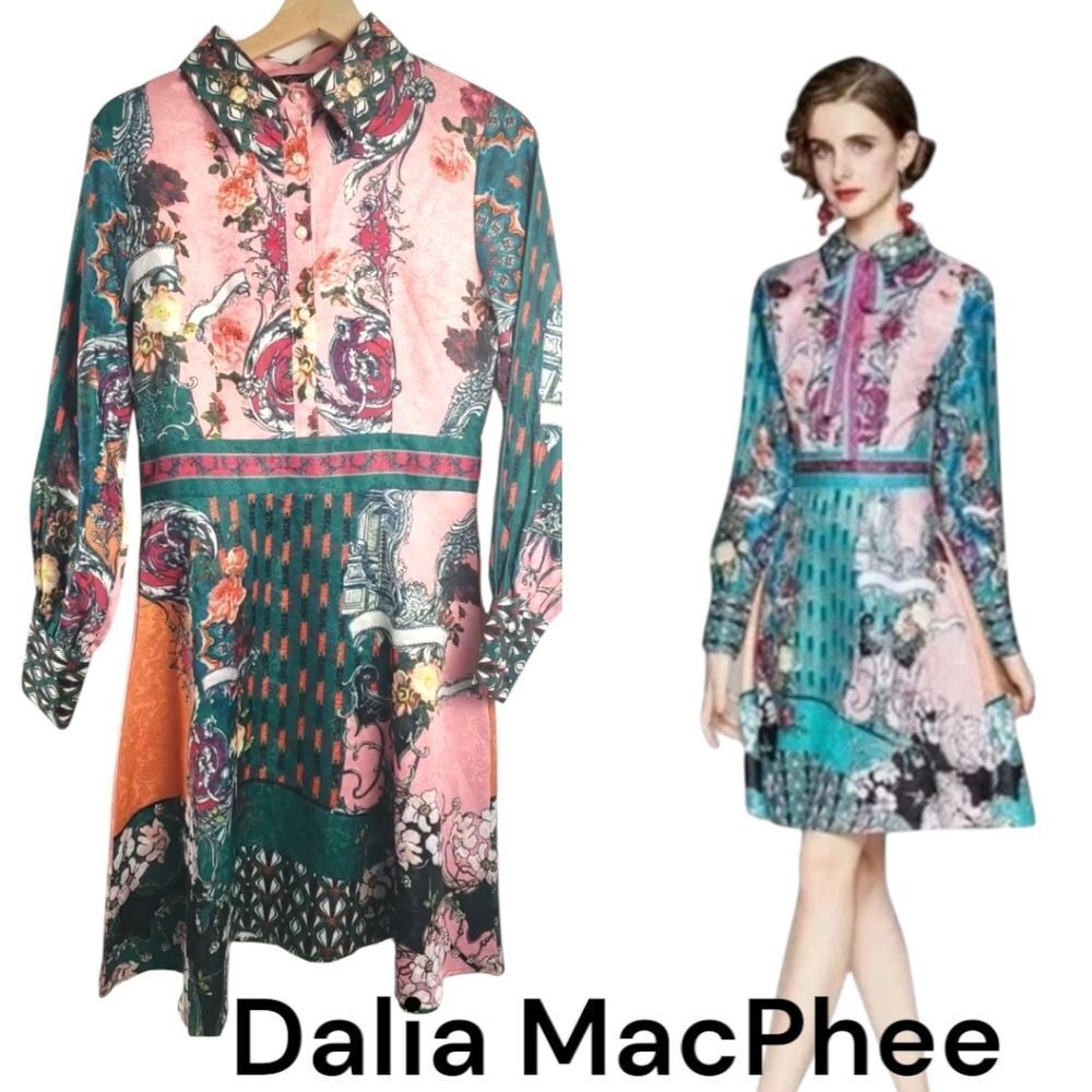 Dalia MacPhee Floral Multicolor Long Sleeve Fit And Flare Dress Small